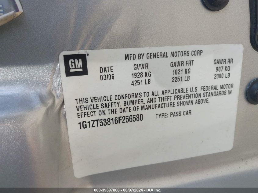 2006 Chevrolet Malibu Lt VIN: 1G1ZT53816F256580 Lot: 39597808