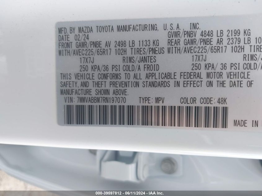 2024 MAZDA CX-50 2.5L I-4 DI, DOHC, V(VIN: 7MMVABBM7RN197070