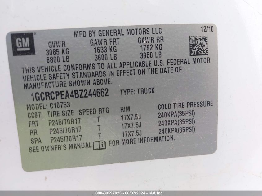 2011 Chevrolet Silverado 1500 Work Truck VIN: 1GCRCPEA4BZ244662 Lot: 39597825