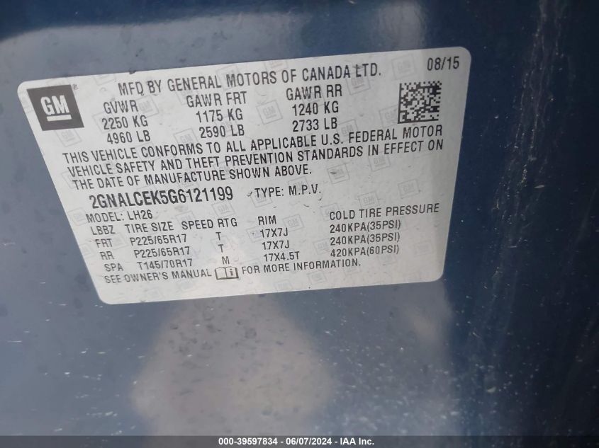 2016 Chevrolet Equinox Lt VIN: 2GNALCEK5G6121199 Lot: 39597834