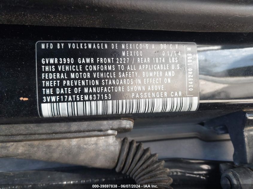 2014 Volkswagen Beetle 1.8T Entry VIN: 3VWF17AT5EM637153 Lot: 39597838