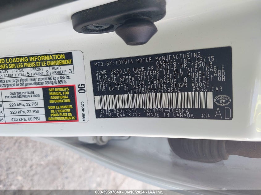 2015 Toyota Corolla Le VIN: 2T1BURHE5FC428940 Lot: 39597840