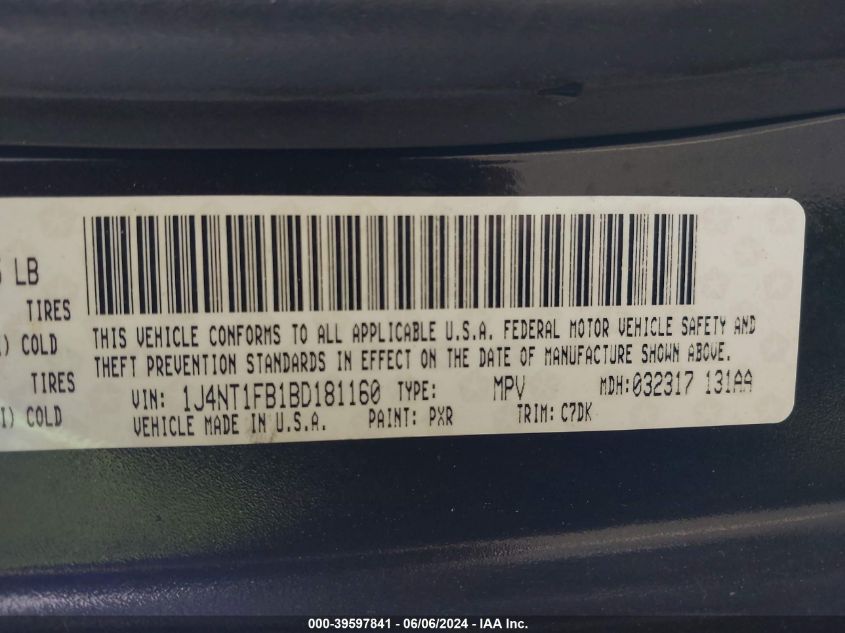 2011 Jeep Compass VIN: 1J4NT1FB1BD181160 Lot: 39597841