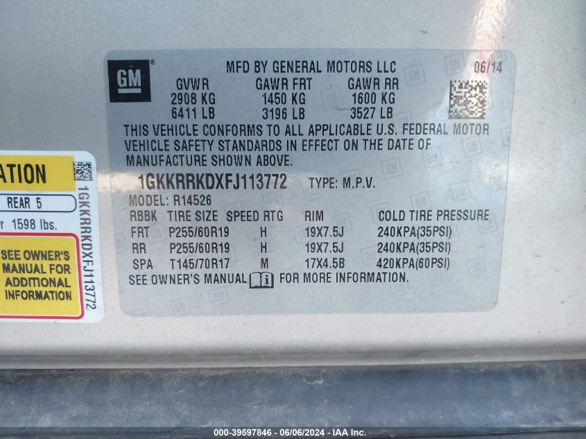2015 GMC Acadia Slt-1 VIN: 1GKKRRKDXFJ113772 Lot: 39597846
