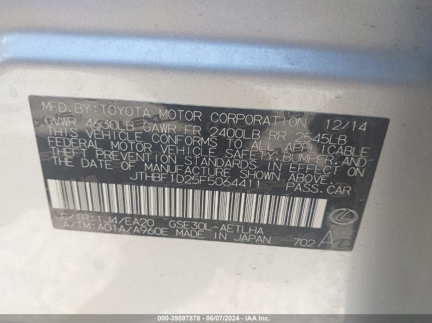 2015 Lexus Is 250 VIN: JTHBF1D25F5064411 Lot: 39597878