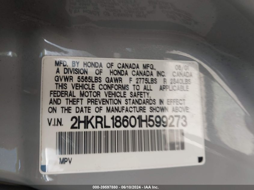 2001 Honda Odyssey Ex VIN: 2HKRL18601H599273 Lot: 39597880