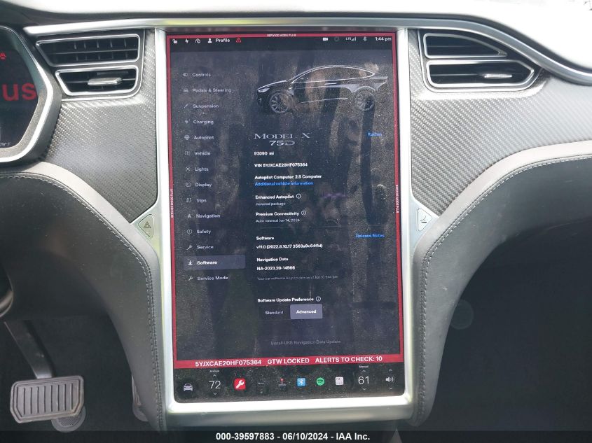 2017 Tesla Model X 100D/75D/90D VIN: 5YJXCAE20HF075364 Lot: 39597883