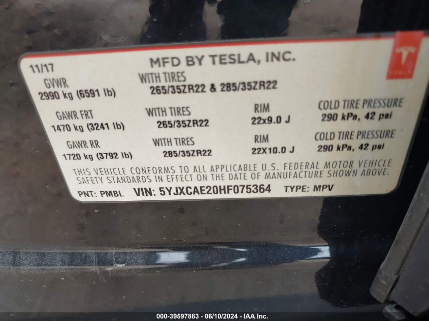 2017 Tesla Model X 100D/75D/90D VIN: 5YJXCAE20HF075364 Lot: 39597883