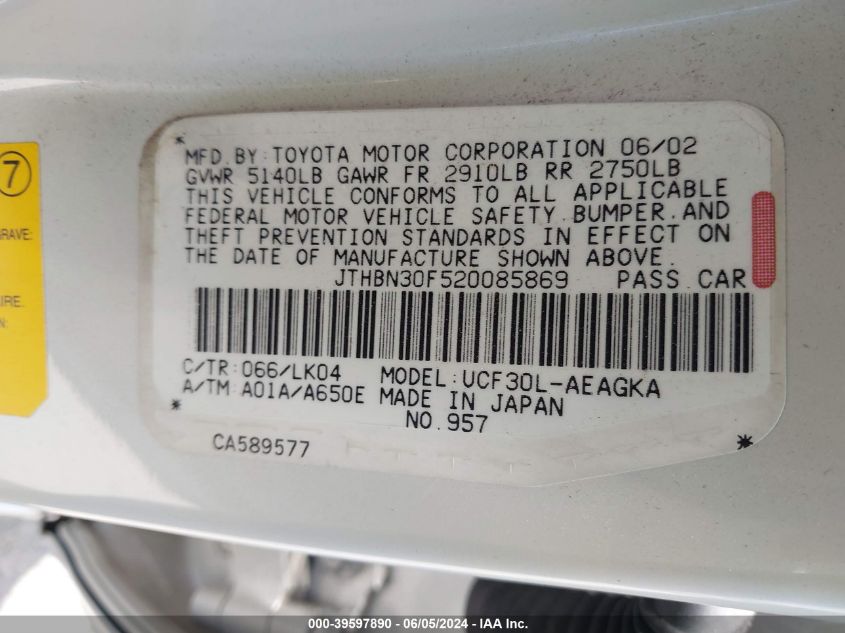 2002 Lexus Ls 430 VIN: JTHBN30F520085869 Lot: 39597890