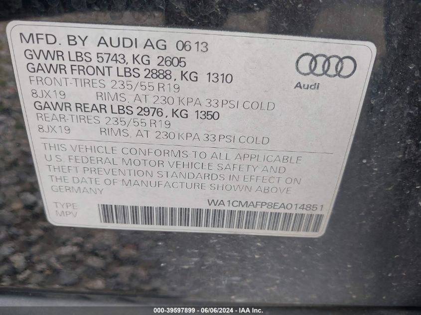 2014 Audi Q5 3.0 Tdi Premium Plus VIN: WA1CMAFP8EA014851 Lot: 39597899