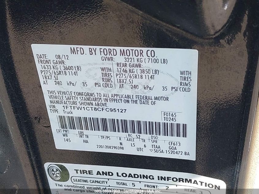 2012 Ford F-150 Lariat VIN: 1FTFW1CT8CFC95127 Lot: 39597909