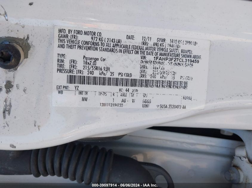 2012 Ford Focus Se VIN: 1FAHP3F27CL319459 Lot: 39597914