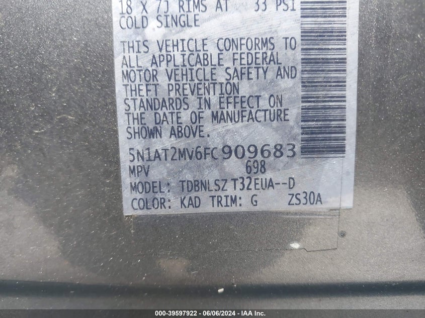 2015 Nissan Rogue Sl VIN: 5N1AT2MV6FC909683 Lot: 39597922