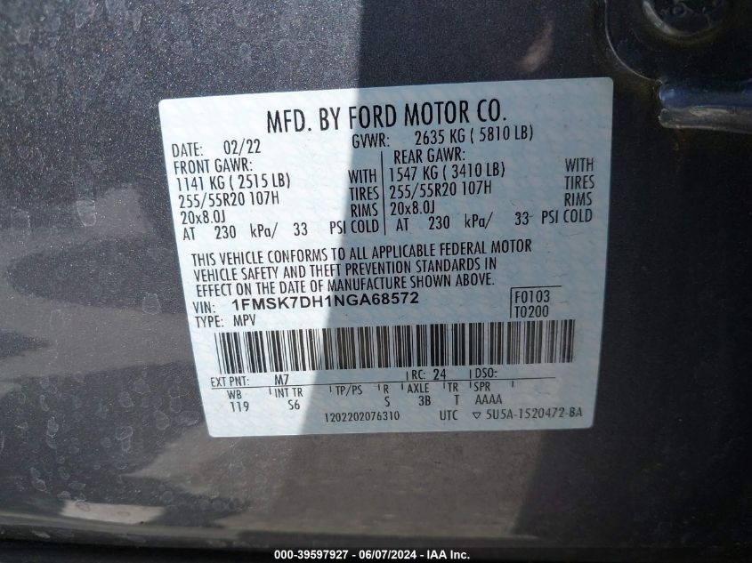 2022 Ford Explorer Xlt VIN: 1FMSK7DH1NGA68572 Lot: 39597927