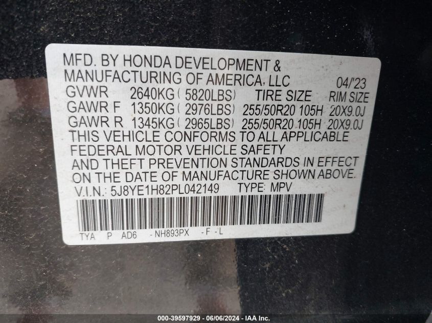 2023 Acura Mdx Advance Package VIN: 5J8YE1H82PL042149 Lot: 39597929