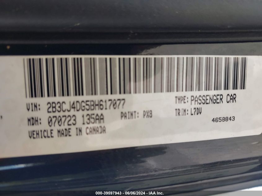 2011 Dodge Challenger VIN: 2B3CJ4DG5BH617077 Lot: 39597943