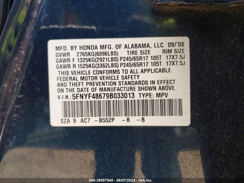 2009 Honda Pilot Ex-L VIN: 5FNYF48679B033013 Lot: 39597945