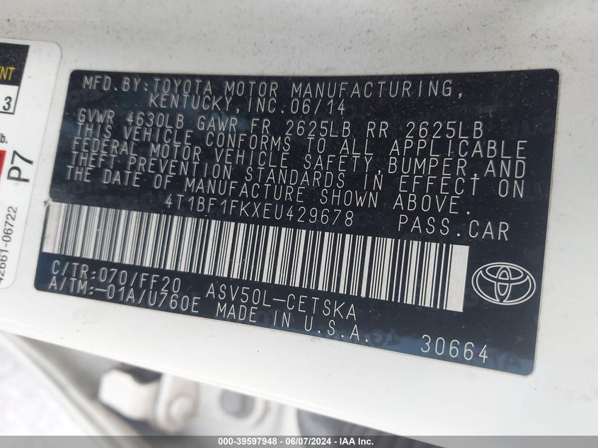 2014 Toyota Camry Se VIN: 4T1BF1FKXEU429678 Lot: 39597948