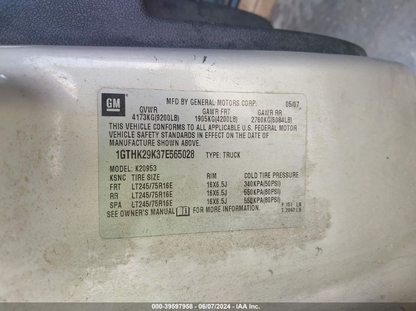 2007 GMC Sierra 2500Hd Sle1 VIN: 1GTHK29K37E565028 Lot: 39597958