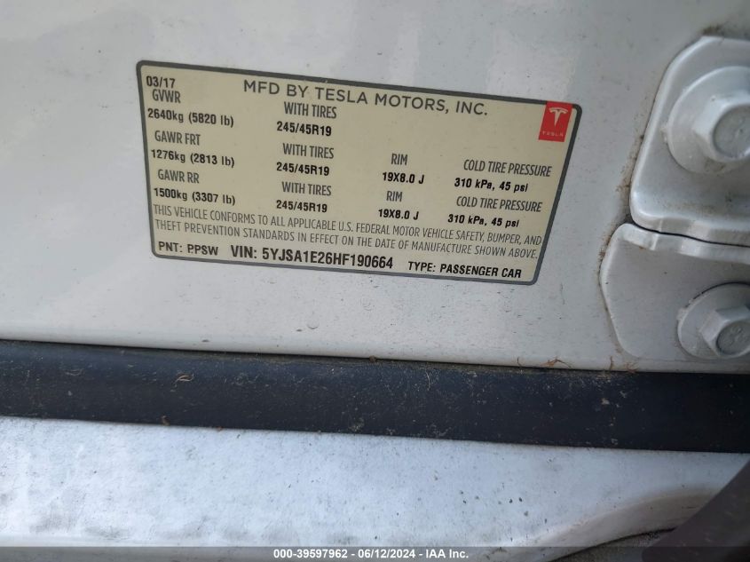 2017 Tesla Model S 100D/60D/75D/90D/P100D VIN: 5YJSA1E26HF190664 Lot: 39597962