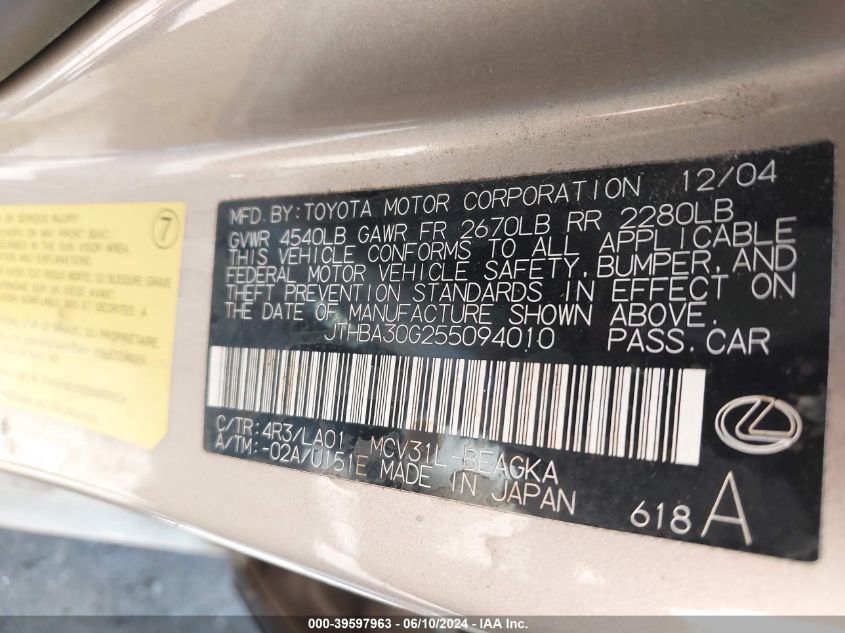 2005 Lexus Es 330 VIN: JTHBA30G255094010 Lot: 39597963