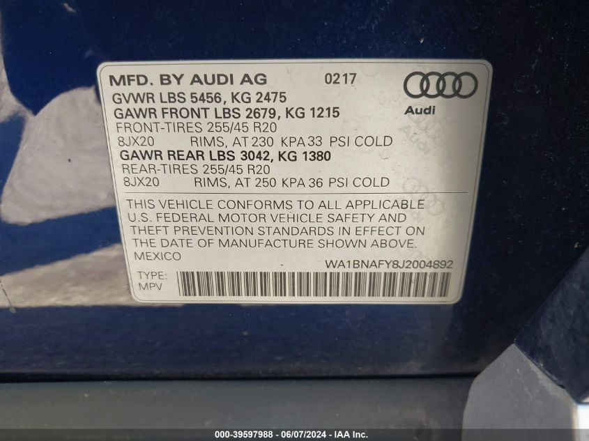 2018 Audi Q5 2.0T Premium/2.0T Tech Premium VIN: WA1BNAFY8J2004892 Lot: 39597988