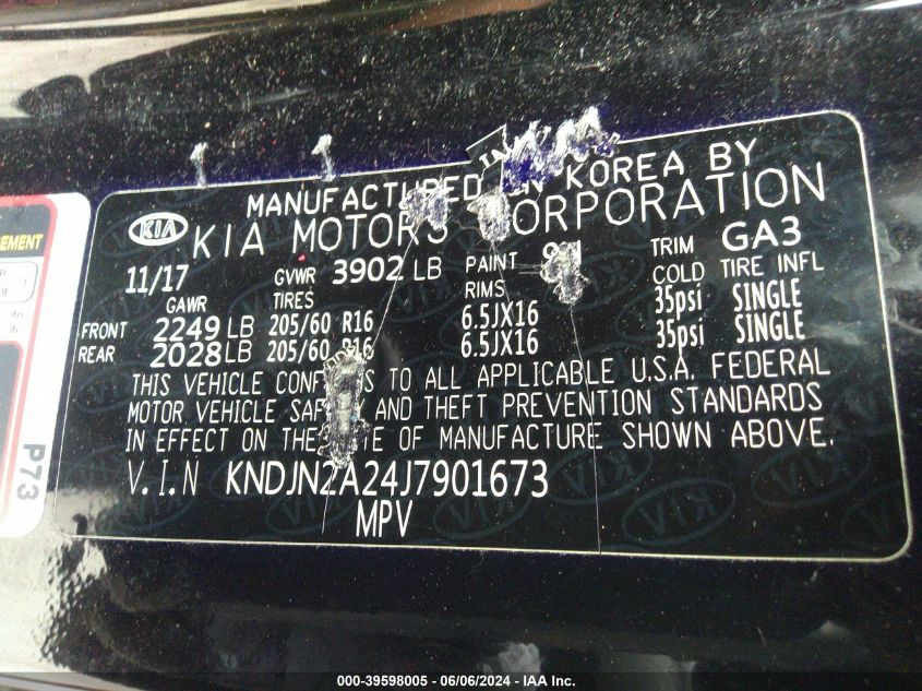 2018 Kia Soul VIN: KNDJN2A24J7901673 Lot: 39598005