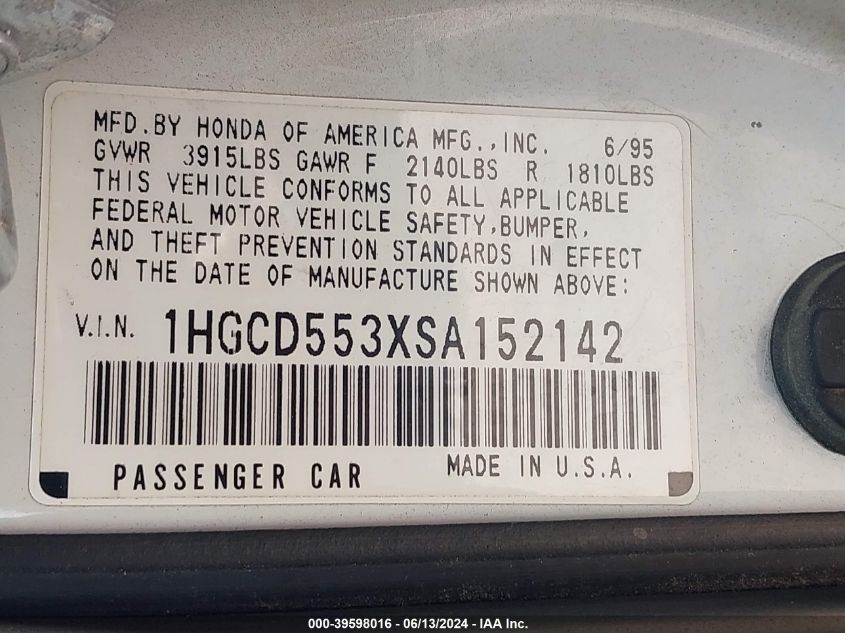 1995 Honda Accord Lx/Ex VIN: 1HGCD553XSA152142 Lot: 39598016