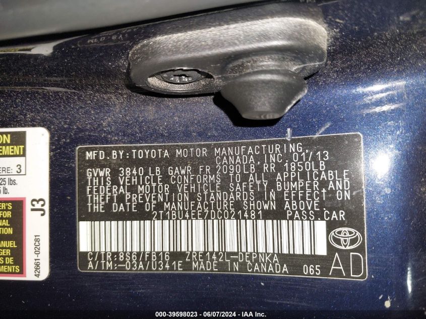 2013 TOYOTA COROLLA LE - 2T1BU4EE7DC021481