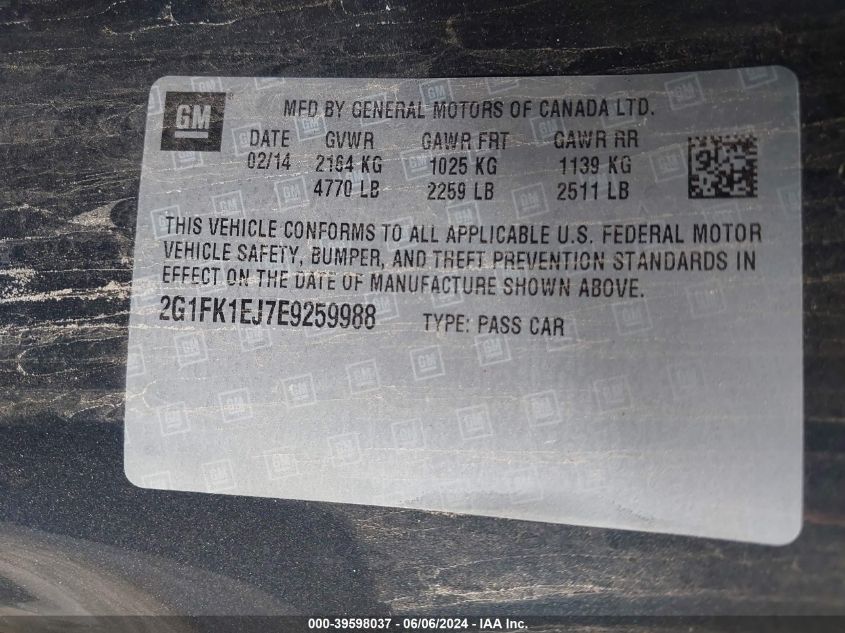 2014 Chevrolet Camaro 2Ss VIN: 2G1FK1EJ7E9259988 Lot: 39598037