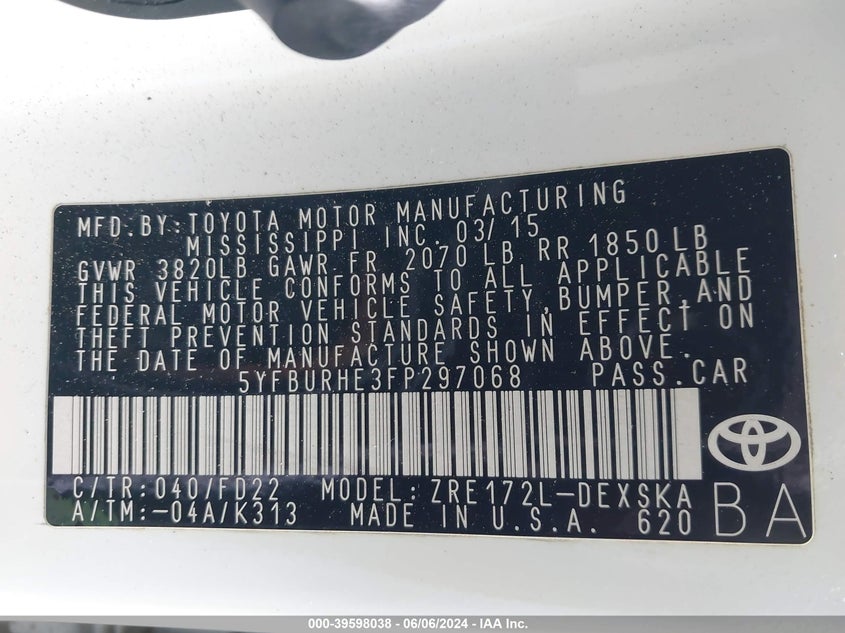 2015 Toyota Corolla S Plus VIN: 5YFBURHE3FP297068 Lot: 39598038