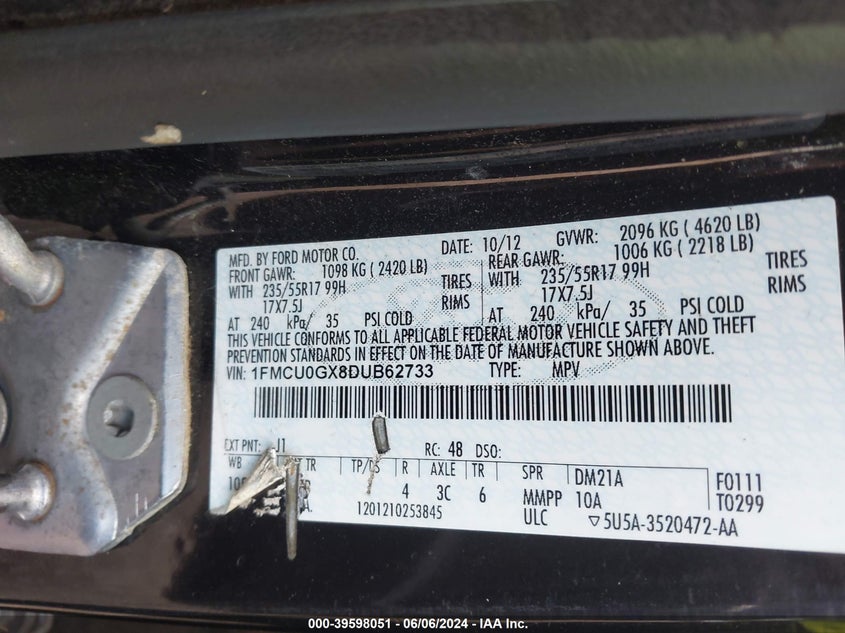 2013 Ford Escape Se VIN: 1FMCU0GX8DUB62733 Lot: 39598051