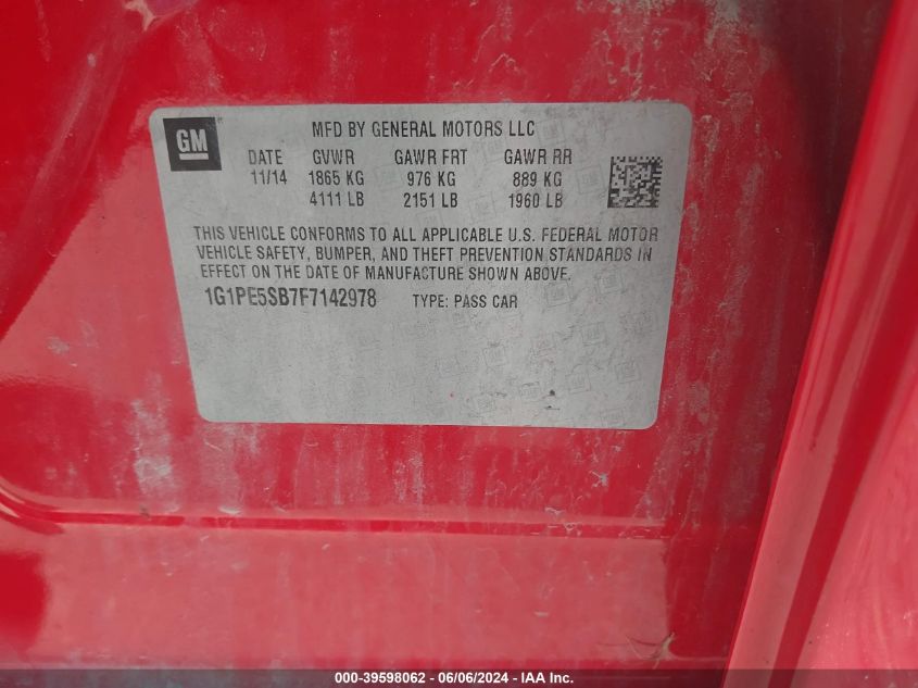 2015 Chevrolet Cruze 2Lt Auto VIN: 1G1PE5SB7F7142978 Lot: 39598062