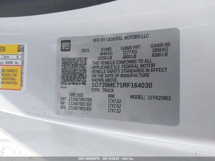2024 GMC Sierra 2500Hd 4Wd Regular Cab Long Bed Sle VIN: 1GT39ME71RF164030 Lot: 39598076