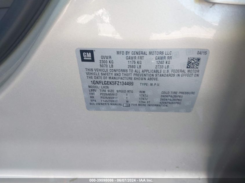 2015 Chevrolet Equinox 2Lt VIN: 1GNFLGEK5FZ134499 Lot: 39598086