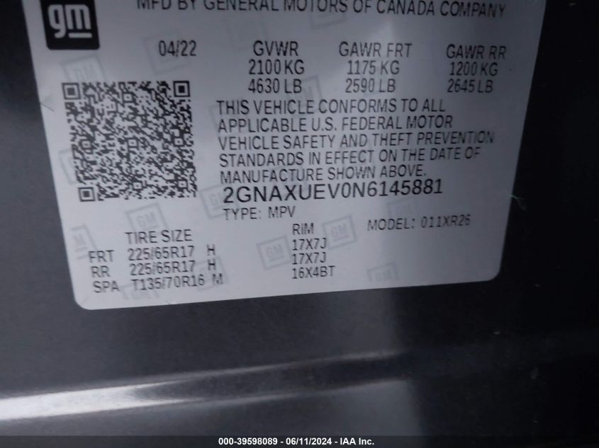 2022 CHEVROLET EQUINOX LT - 2GNAXUEV0N6145881