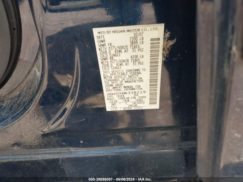 2008 Nissan Titan Le/Pro-4X/Se/Xe VIN: 1N6AA07F88N338219 Lot: 39598097