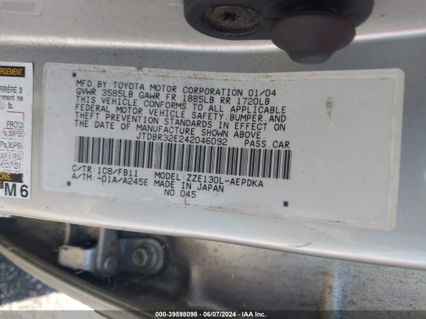 2004 Toyota Corolla Ce VIN: JTDBR32E242046092 Lot: 39598098