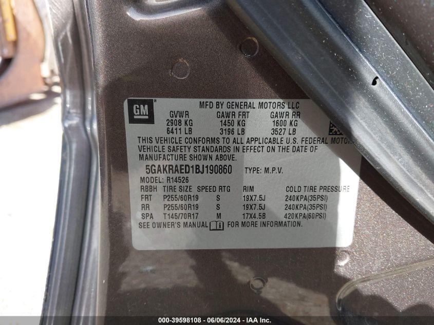 2011 Buick Enclave Cx VIN: 5GAKRAED1BJ190860 Lot: 39598108