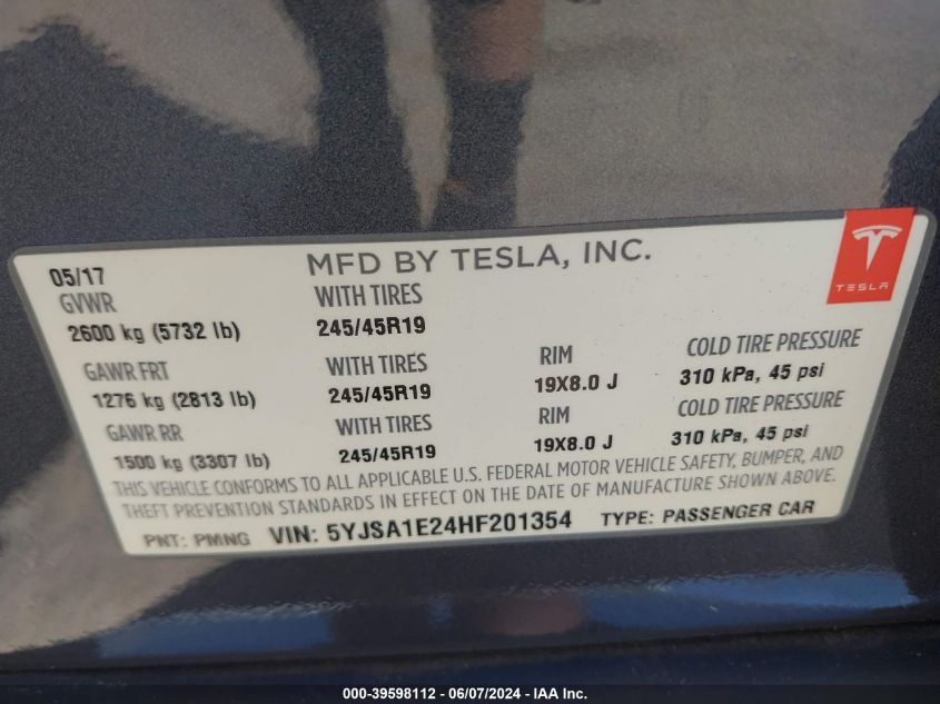 2017 Tesla Model S 100D/60D/75D/90D/P100D VIN: 5YJSA1E24HF201354 Lot: 39598112