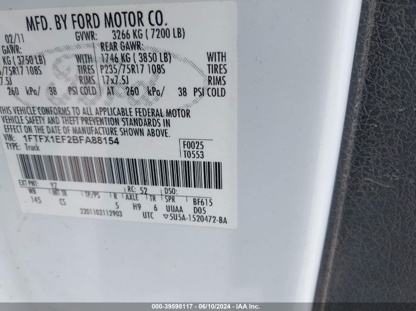 2011 Ford F-150 Xl VIN: 1FTFX1EF2BFA88154 Lot: 39598117