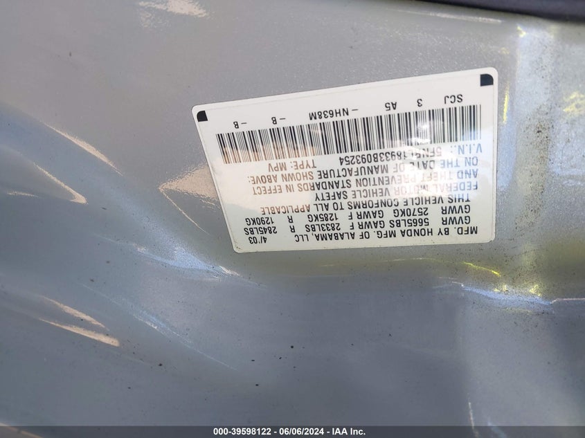 2003 Honda Odyssey Ex-L VIN: 5FNRL18933B093254 Lot: 39598122