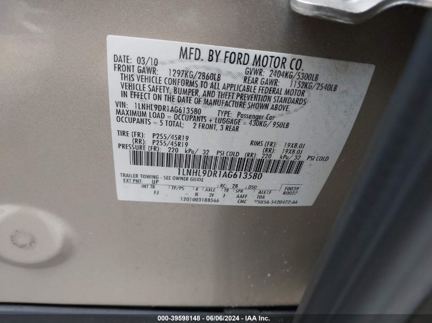 2010 Lincoln Mks VIN: 1LNHL9DR1AG613580 Lot: 39598148