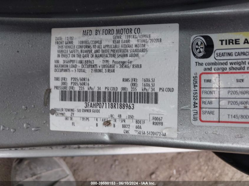 2008 Ford Fusion Se VIN: 3FAHP07118R188963 Lot: 39598153