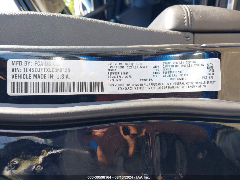 2020 Dodge Durango Pursuit Awd VIN: 1C4SDJFTXLC368158 Lot: 39598164