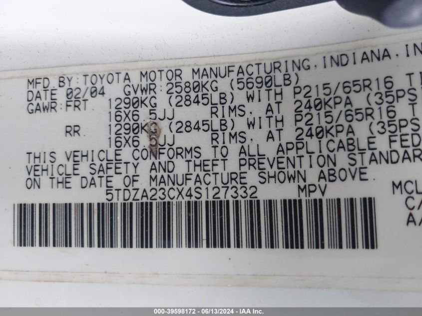 2004 Toyota Sienna Le VIN: 5TDZA23CX4S127332 Lot: 39598172