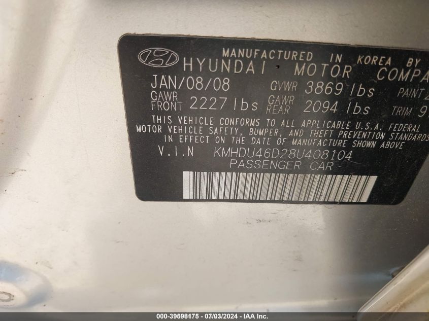 2008 Hyundai Elantra Gls/Se VIN: KMHDU46D28U408104 Lot: 39598175