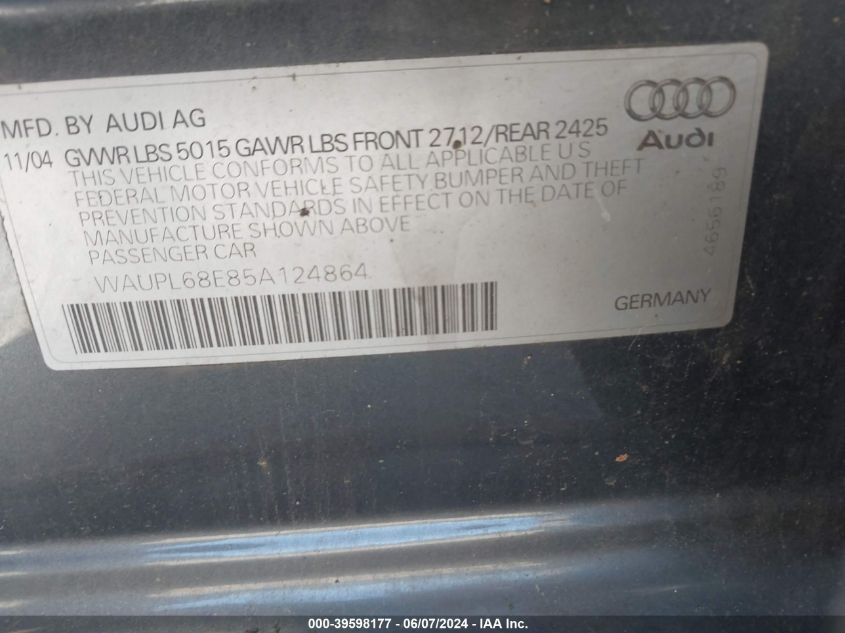 2005 Audi S4 4.2 VIN: WAUPL68E85A124864 Lot: 39598177