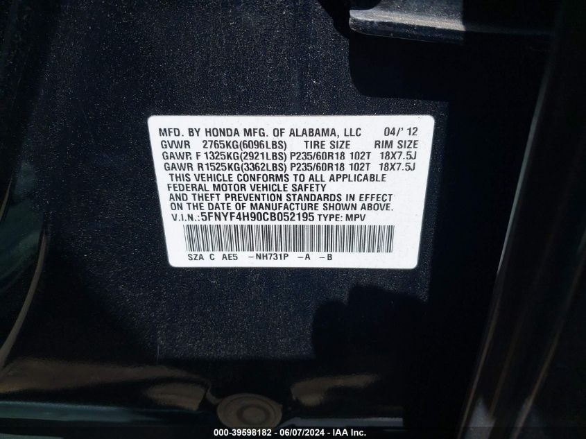 2012 Honda Pilot Touring VIN: 5FNYF4H90CB052195 Lot: 39598182