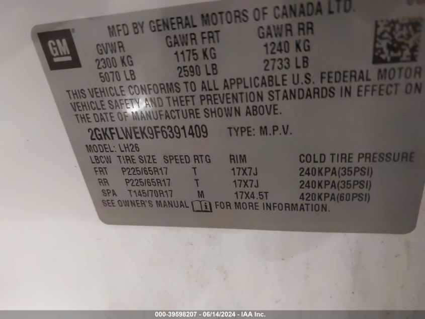 2015 GMC Terrain Sle-2 VIN: 2GKFLWEK9F5391409 Lot: 39598207